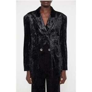 NWT Zara Black Velvet Double Breasted Blazer Jacket Rhinestone Buttons Women XS